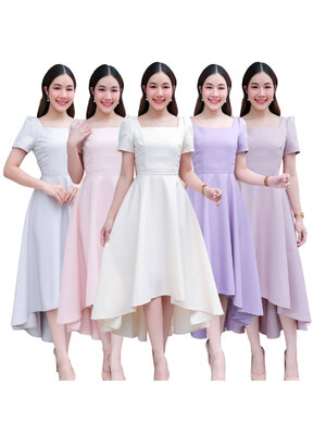 kudapy เดรสกระโปรงทรงหน้าสั้นหลังยาว/สีขาวงาช้าง/สีม่วง/สีชมพูพาสเทล/สีเทาอ่อน/สีชมพูกลีบบัว แขนสั้น คอเหลี่ยม คัตติ้งเริศแบบอลัง