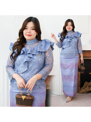 kudapy ชุดเซ็ทออกงานสีม่วง +ผ้าถุงทอลายแพรวากาฬสินธุ์ คอจีน แขนยาว แต่งระบายไหล่