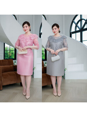 kudapy เดรสผ้าไหมลูกไม้แต่งเลื่อม งานดีไซน์แต่งระบายช่วงอกรอบตัว แขนศอก ความยาวกำลังดี งานปักลายลูกไม้ลายชัด