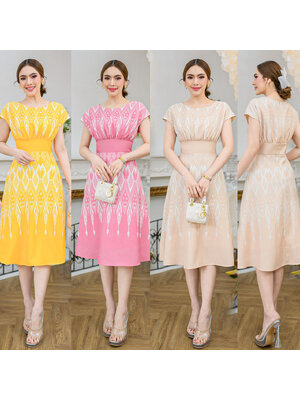 kudapy เดรสสั้นสีครีม / ชมพู / เหลือง ผ้าโพลีเอสเตอร์แบบทอเกรดนำเข้า คอกลม มีชับใน มาพร้อมชิปซ่อนหลังใส่สบาย