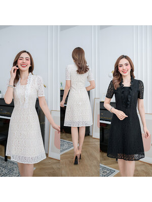 kudapy เดรสสั้นสีขาว/สีดำ ลูกไม้สวยหรู ดูดี ลูกไม้ลายสวย มีดีเทลแต่งลูกไม้รอบคอลงมาถึงช่วงอก เพิ่มความสวยหรู กระโปรงทรงเอสวย