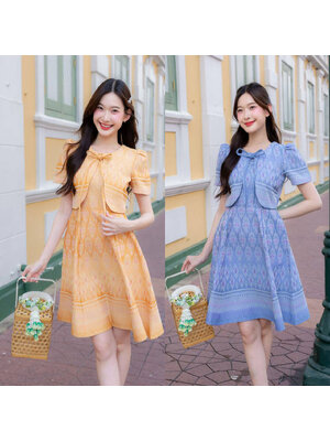 kudapy เดรสสั้นสีเหลือง/สีฟ้า เดรสผ้าไทยลายแต่งผูกโบว์ใส่ออกงาน ใส่ทำงานสวยดูดี