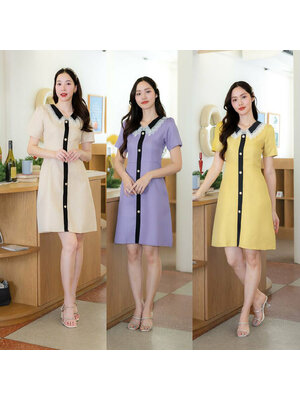 kudapy เดรสสั้นสีครีม/สีเหลือง/สีม่วง ผ้าทวิตปกลูกไม้ แขนสั้นใส่สบาย