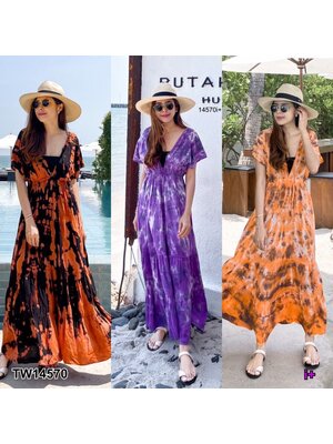 kudapy Maxi Dress เดรสยาวสีดำ ม่วง ส้ม คอวีแขนสั้น ดึงยางเอวเย็บรูดชายบายสองชั้น ใส่เที่ยวทะเลเบาสบาย