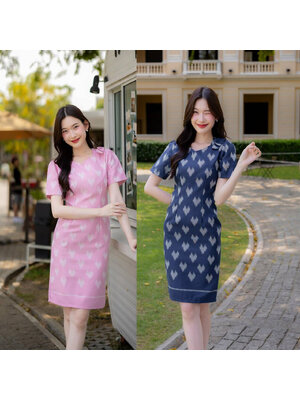 kudapy เดรสสั้นสีชมพู/สีกรม ผ้าไทยลายหัวใจ ใส่ทำงาน ใส่ออกงานสวยดูดี