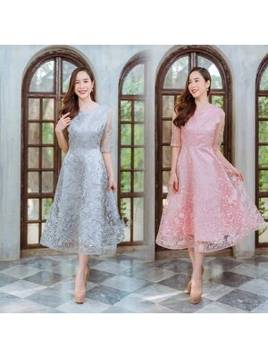 kudapy ชุดราตรียาวคลุมเข่า แม็กซี่เดรสยาวสีชมพู/สีเทาเงิน เดรสราตรีลูกไม้ปักกลิตเตอร์วิ้ง คอกลมแขนยาวสามส่วน เดรสทรงปล่อย