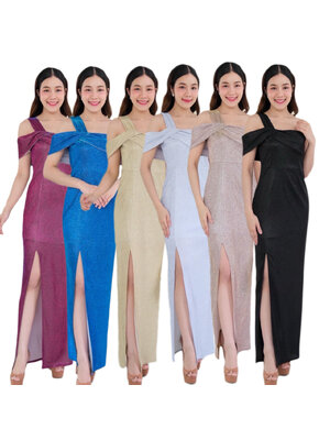 kudapy เดรสยาวสีชมพู/สีเงิน/สีทอง/สีดำ/สีม่วงแดง/สีน้ำเงิน ไหล่เดี่ยว แต่งดีเทลแถบผ้ารัดแขนด้านขวา ทรงเข้ารูป ผ้าหน้า