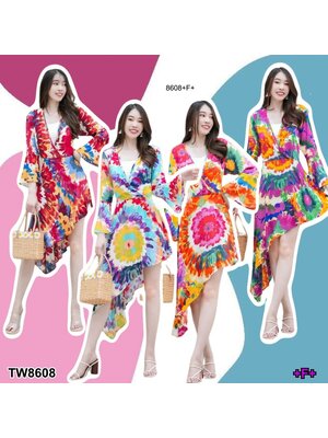 kudapy เดรสสั้น ชายเฉียงระบายชายหางปลาแบบจัดเต็ม ผ้าพริ้ว แขนยาวปลายแขนระบาย