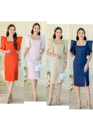 kudapy เดรสสั้นสีชมพู/สีทอง/สีกรมท่า/สีส้ม ทรงสอบ คอเหลี่ยม แขนสั้นสองชั้น กระโปรงทรงสอบ เก็บสะโพก เอวสูง