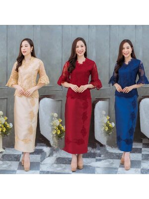 kudapy ชุดเซตไปงาน สีแดง/สีครีมทอง/สึน้ำเงินกรมท่า เซตเสื้อลูกไม้คอวีแขนกระดิ่ง+กระโปรงผ้าไหมอิตาลีทรงเอ ลูกไม้ปักเลื่อม