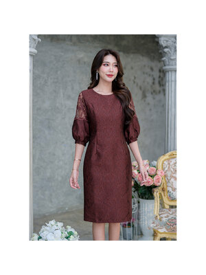 kudapy เดรสสั้นสีน้ำตาล บอลลูนทรงสวยสุดฮอต ป็นผ้าลายไทย เนื้อผ้า jacquard ลายนูน ช่วงแขนตัดเย็บทรงบอลลูนจั้มปลายแขน ความพองของช่วงแขนสวยกำลังดี