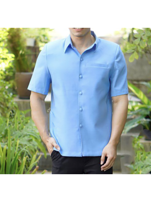 kudapy เสื้อคอปกท่านชายผ้าไหมสีฟ้าคราม เสื้อท่านชาย คอเชิ้ต ผ่าหน้า แขนสั้น มีกระเป๋าด้านซ้ายบน (อัดผ้ากาว มีฟองน้ำเสริมไหล่)