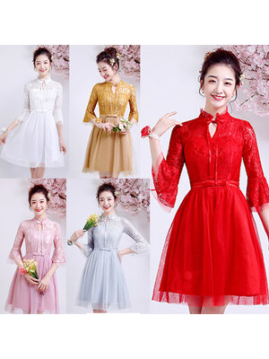 kudapy เดรสสั้นสีเทา/สีแดง/สีชมพู/สีส้ม/สีขาว ราตรีออกงานสั้นซีทรู ทรงเหมือนคอจีน