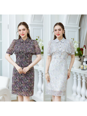 kudapy เดรสคอปกอกพลีทระบาย ลายดอกเล็กสวยละมุน ดีเทลสวยเก๋มากๆ ช่วงอกเป็นกระดุมใบโควเวอร์ดำ