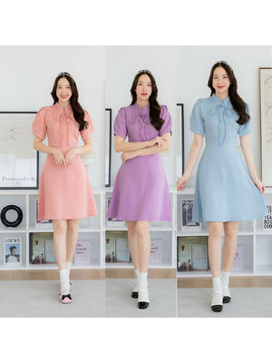 kudapy เดรสสั้นสีฟ้า/สีม่วง/สีชมพู กระโปรงบานผ้าพื้นผูกคอ