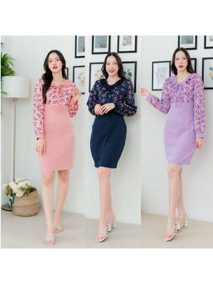 kudapy เดรสสั้นสีชมพู/สีกรม/สีม่วง แขนยาวลายดอก