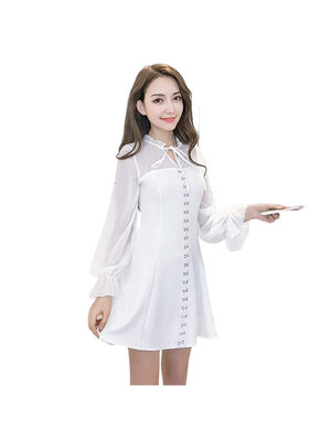 kudapy เดรสสั้นสีขาวแขนยาว คอผูกโบว์ ตกแต่งตะขอเกี่ยว ทรงปล่อยสวยสดใส