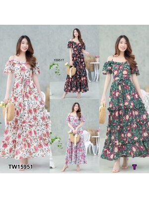 kudapy แม็กซี่เดรสสีขาว ดำ เขียว เทา สายเดี่ยวเว้าไหล่ แขนระบายชั้น ผ้าชีฟองลายดอกไม้ มีซับใน เนื้อผ้าทิ้งตัวสวย