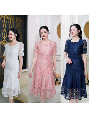 kudapy เดรสลูกไม้ระบายแขนจั้ม ตัดต่อแต่งลูกไม่ถักทั้งตัวเพิ่มลูกเล่นความสวย