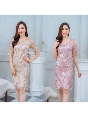 kudapy เดรสสั้นไปงานคอกลมแขนสั้น สีชมพู /สีทอง เดรสสั้นคอกลมซับในซิบหลัง ทรงเรียบๆใส่ออกงานดูดี