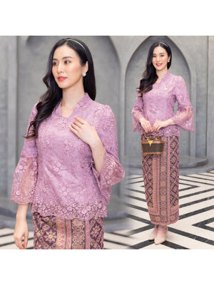 kudapy ชุดเซ็ทออกงานเสื้อลูกไม้สีทองน้ำผึ้ง/สีม่วงกะปิ เนื้อผ้าลูกไม้ฝรั่งเศสสุดละมุน สั่งทอแบบพิเศษ