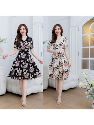 kudapy เดรสสั้นสีครีม/สีดำ คอปก ผ้าชีฟอง ลายกุหลาบโทนสีสวย แต่งกระดุมช่วงอก และแต่งลูกไม้ชายแขน