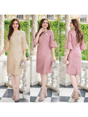 kudapy เดรส งานผ้าไหมญี่ปุ่นมีซับในมาพร้อมกับซิปซ่อนหลังแขนระบายแต่งโบว์