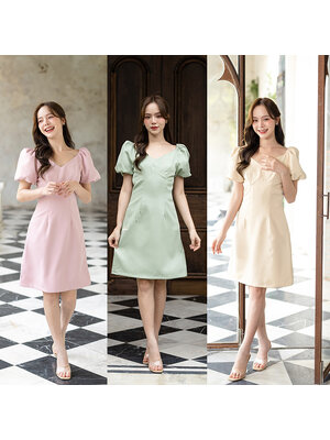 kudapy เดรสสั้นสีชมพู/สีเขียวมัทฉะ/สีครีม แขนตุ๊กตาคอวีไปเดท ไปทำงาน ลุค 2 ดึงแขนเสื้อลงมาปาดไหล่ ใส่ไปปาร์ตี้ ชิคๆ