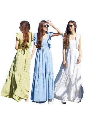 kudapy Maxi Dress เดรสยาวสีเขียว/สีส้ม/สีม่วง คอเหลี่ยม ดีเทลระบายแขน ด้านหลังดึงยาง มีผูกโบว์เข้ารูปตามสรีระของสาวๆ