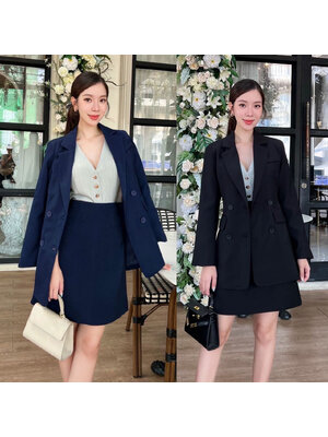 kudapy เสื้อสูท+กระโปรง ผ้าดีมากเว่อร์ ตัวเสื้อแต่งกระดุมด้านหน้า 4 เม็ด มีซับในทั้งตัว