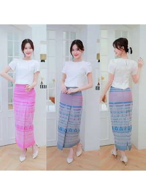 kudapy ชุดเซ็ทเสื้อผ้าไหมแต่งจีบตรวหัวไหล่ดูดี ผ้าถุงลายไทยสวยดูดีน่ารัก