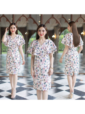 kudapy เดรสสั้นสีครีม ลายลูกไม้สไตล์เกาหลี เนื้อลายสวยงาม ฒ๊ซิปหลังสวมใส่ง่าย