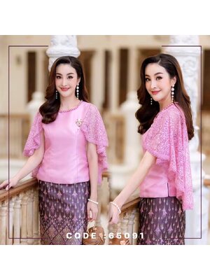 kudapy เสื้อผ้าไหมลูกไม้ฝรั่งเศสแต่งระบายไหล่ สีชมพู สีครีม สีแดง สีทอง