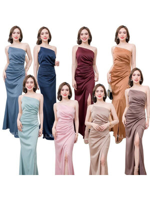 kudapy เดรสยาวสีชมพูกลีบบัว/สีชมพูเผือก/สีกรม/สีอื่นๆ เดรสใส่ออกงาน เปิดไหล่ ใส่สบายตัว