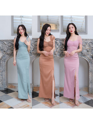 kudapy เดรสยาวสีน้ำตาลคาราเมล/สีเขียวพาสเทล/สีชมพู ไกล่แต่งผ้าซีทรู กระโปรงผ่าหน้า เดรสยาวออกงาน