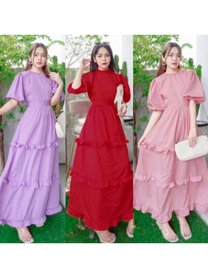 kudapy แม็กซี่เดรสยาว แขนพองผูกคอหลัง มีผูกเอว ผ้าไหมอิตาลี่สีพื้น แต่งระบาย 3 ชั้น