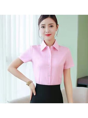 kudapy เสื้อเชิ้ตทำงานสีชมพู คอปก แขนสั้น กระดุมหน้า