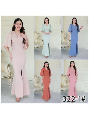 kudapy เดรสยาวสีชมพู,ฟ้าคราม,ครีมเบจ,เขียวมิ้นท์,ชาไทย แขนระฆังทรงพรางเเขน ทรงกระโปรงสอบผ่าหน้า ใส่แล้วพรางเเขนได้ดีมาก