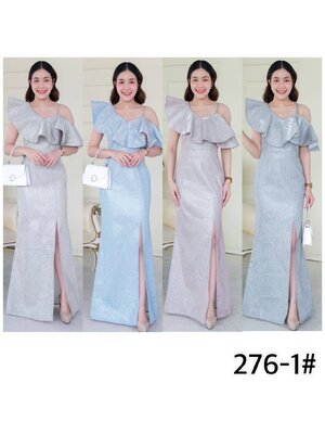 kudapy เดรสยาวสีชมพู/สีฟ้า/สีเทา/สีทอง ไหล่เฉียง ระบาย ปิดไหล่ขวา กระโปรงหางปลา ผ่าหน้า มีสายคล้องไหล่