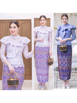 kudapy ชุดเซ็ทม่วง เสื้อลูกไม้ใยบวบฝรั่งเศษ + ผ้าถุงทอลาย สำเร็จรูป