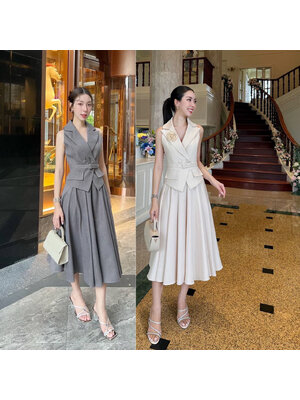 kudapy เซ็ทเสื้อแขนกุดทรงเข้ารูปมาพร้อมกับกระโปรงทรงยาว วเสื้อเก็บทรงเข้ารูปสวย กระดุมปั้มติดได้จริง2เม็ด แต่งกระเป๋าหลอกซ้ายขวา