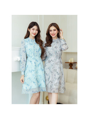 kudapy เดรสสั้นสีโทนเทา/สีโทนเขียวมิ้นอมฟ้า ชีฟองแขนยาว มีดีเทลตีเกล็ดแต่งกระดุมช่วงอก ลายผ้าสวยคลาสสิค