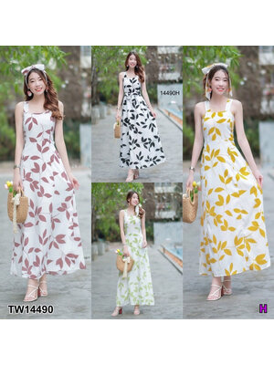 kudapy Maxi Dress เดรสสายเดี่ยวยาว สีชมพู ดำ เขียว เหลือง งานผ้าสลาฟพิมพ์ลายใบไม้ มีซิปซ่อนด้านหลัง มีซัปใน มีโบว์แยก 1 เส้น
