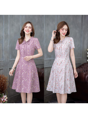 kudapy เดรสสั้นสีครีม/สีกะปิ พิมพ์ลายดอก ทรงสวยใส่ได้ทุกวัน เนื้อสัมผัสผ้าดีมากนุ่มลื่น ดีเทลจับจับช่วงคอผูกโบว์