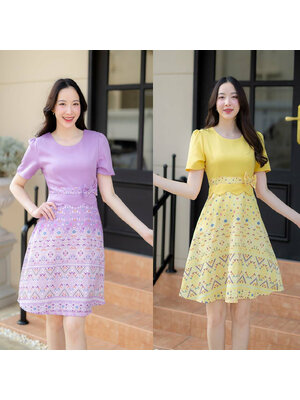 kudapy เดรสสั้นสีม่วง/สีเหลือง ผ้าไทยกระโปรงบานแต่งโบว์เอว