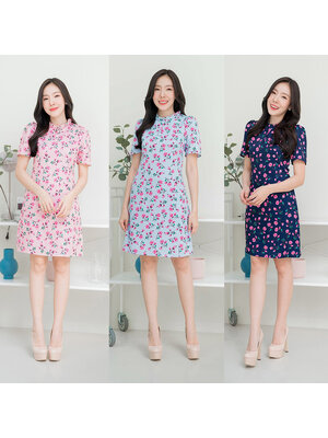 kudapy เดรสสั้นคอปีนพิมพ์ลายดอกแขนสั้นสีกรม/สีชมพู/สีฟ้า คอปินลายดอกไม้ สวยดูดี