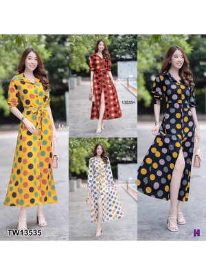 kudapy เดรสยาวสีขาว/สีส้มอิฐ/สีเหลือง ปกเชิ้ต ติดกระดุมด้านหน้า แขนยาว มีโบว์ผูกเอว เนื้อผ้าไหมญี่ปุ่นพิมพ์ลายจุดใหญ่