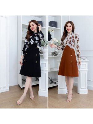 kudapy เดรสสั้นสีดำ/สีน้ำตาล คอไขว้สูง แขนยาว ทรงสวยหรู แพทเทิร์นดี เป็นผ้าลายดอกสวยตัดต่อผ้าพื้น สวยสุภาพ