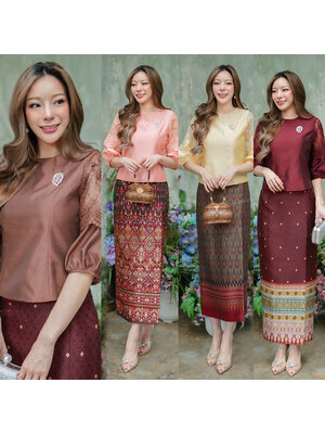 kudapy งานเสื้อผ้าไหมสี่ตะกอเส้นขีดเสื้อ+กระโปรง งานผ้าอัดกาวทั้งตัว คอกลมแขนบอดลูน (เฉพาะเสื้อ)