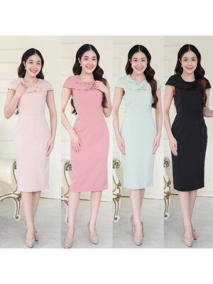 kudapy เดรสสั้นสีดำสีชมพูเข้ม/สีครีมนู๊ด/สีเขียวมิ้น คอปกบัว แขนคลุมบ่า กระโปรงสอบทรงดินสอซิปหลัง